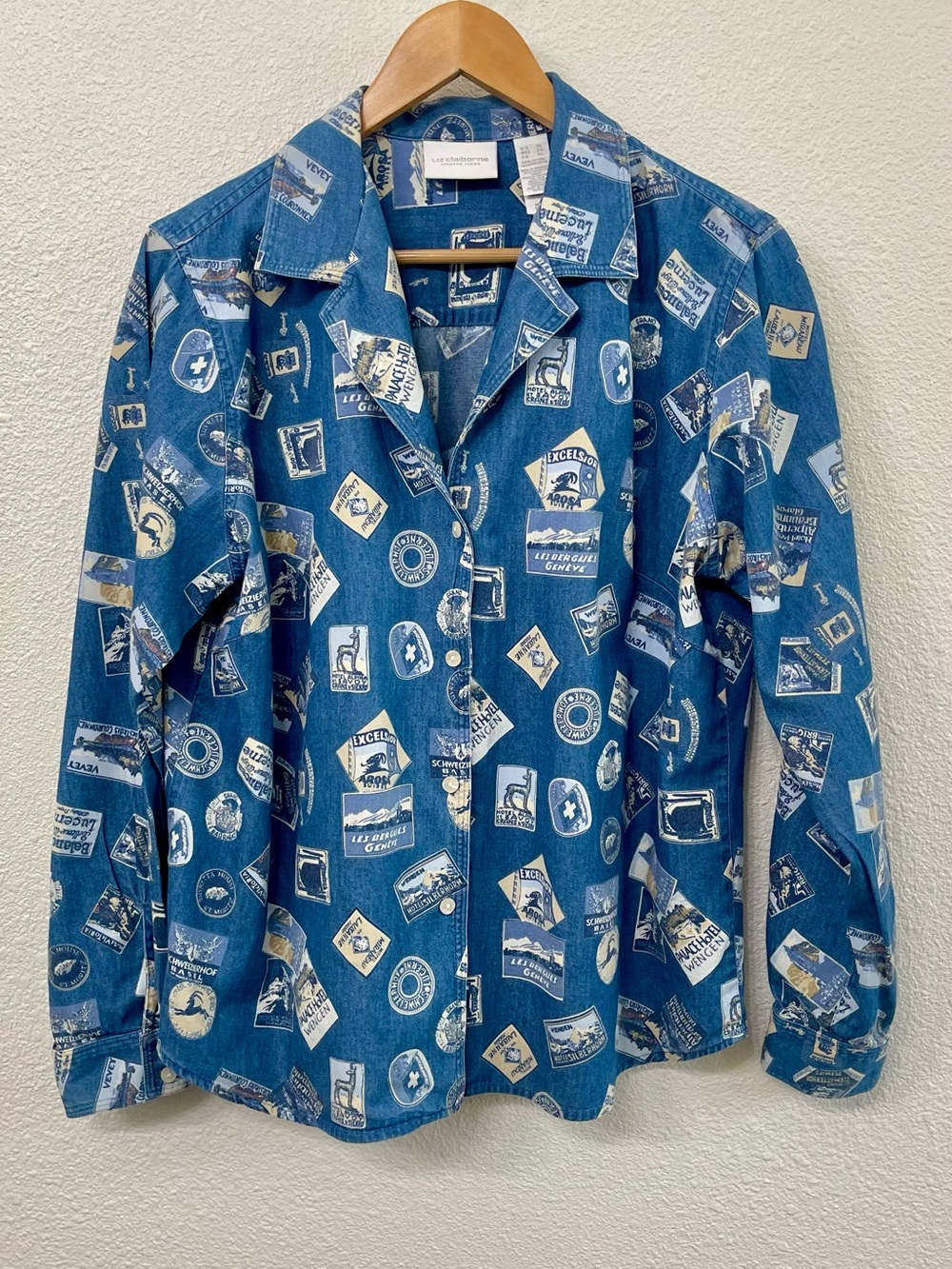Liz Claiborne Denim Blue Swiss Patch-Print Button-Down Shirt Jacket Shacket